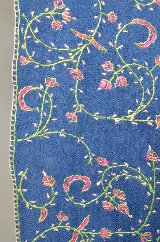 Navy Blue base with pink and green Jali Sozni Embroidery Wool Stole