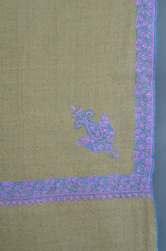 3 Yard Natural Base Periwinkle and Green Embroidery Cashmere Pashmina Shawl