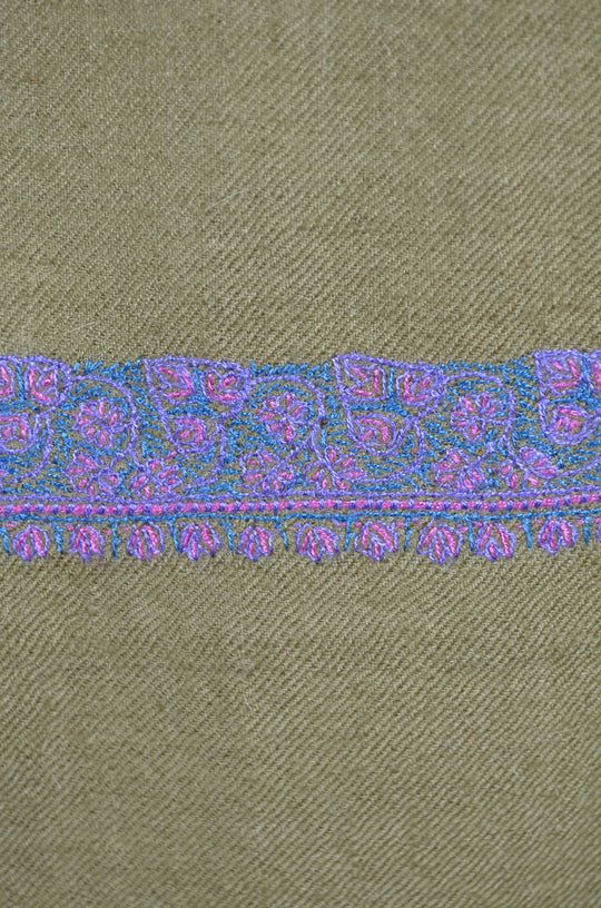 3 Yard Natural Base Periwinkle and Green Embroidery Cashmere Pashmina Shawl