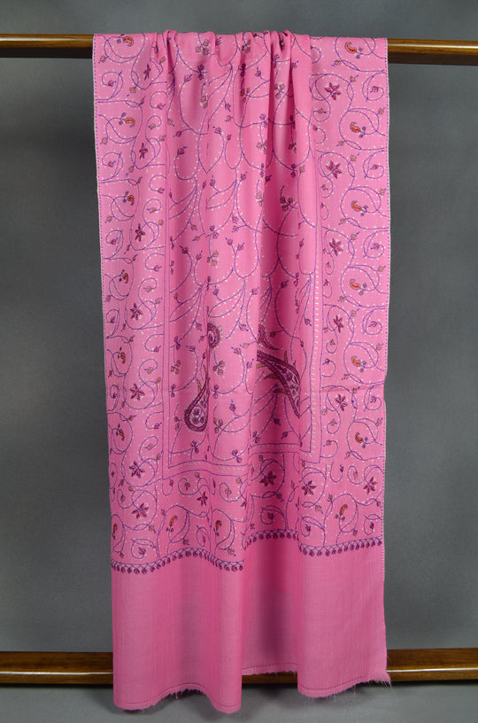 Flamingo Pink Jali Sozni Embroidery Wool Stole