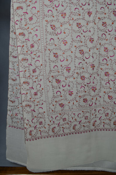 Ivory Jali Sozni Orange Embroidery Wool Stole