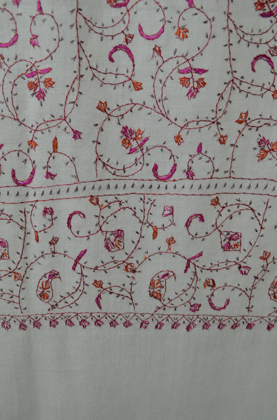 Ivory Jali Sozni Orange Embroidery Wool Stole