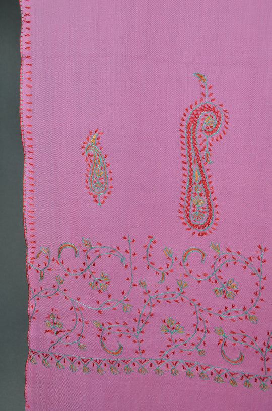 Baby Pink Base Big Border Green Sozni Embroidery Merino Wool Scarf