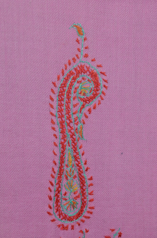 Baby Pink Base Big Border Green Sozni Embroidery Merino Wool Scarf