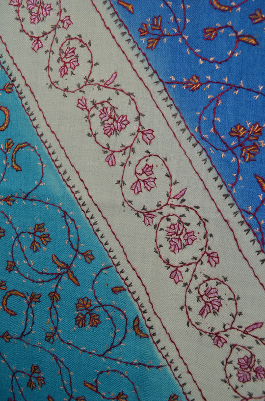 Blue,Dodger blue & Ivory Triple Dye Jali Sozni Embroidery Wool Stole