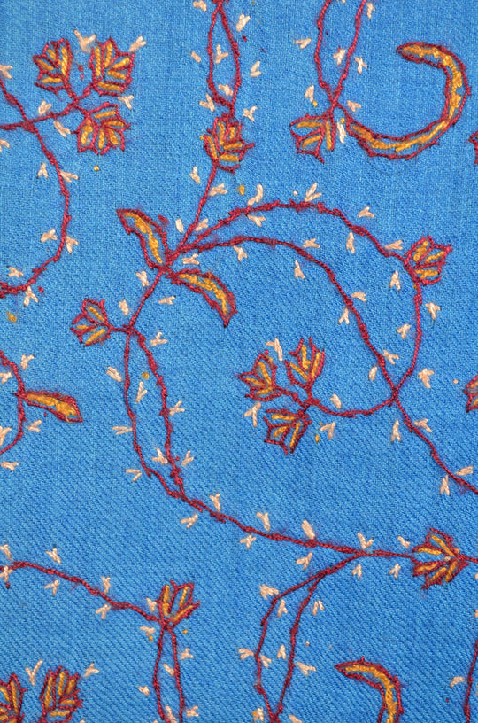 Blue,Dodger blue & Ivory Triple Dye Jali Sozni Embroidery Wool Stole