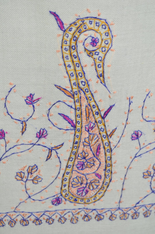 Ivory Base Big Border Pink Sozni Embroidery Merino Wool Scarf