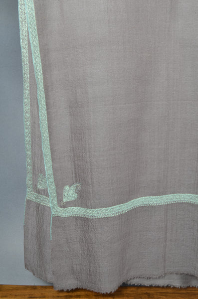 Grey With Seagreen Border Embroidery Pashmina Scarf