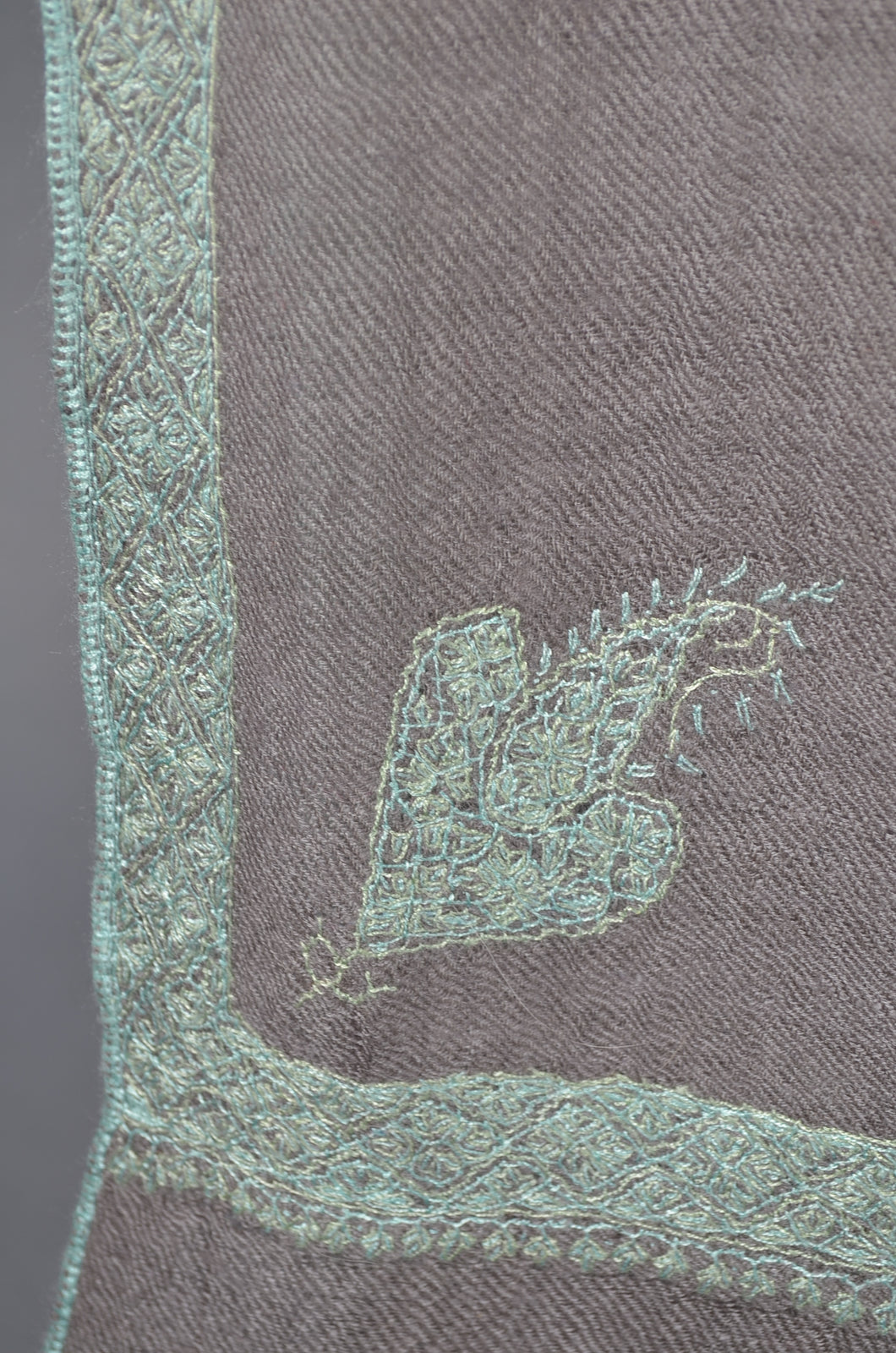 Grey With Seagreen Border Embroidery Pashmina Scarf