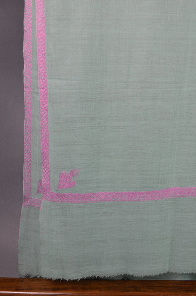 Seafoam Green Base with Pink Border Embroidery Cashmere Pashmina Scarf