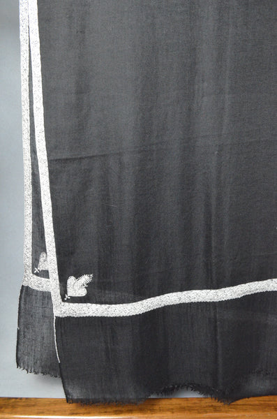 Black Base White Border Embroidery Cashmere Pashmina Scarf