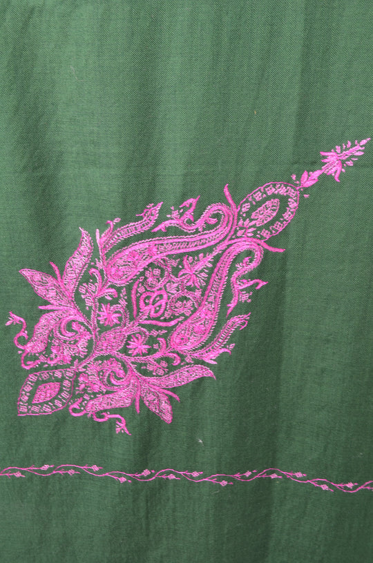 Green Base Cone Motif Merino Sozni Hand Embroidery Scarf