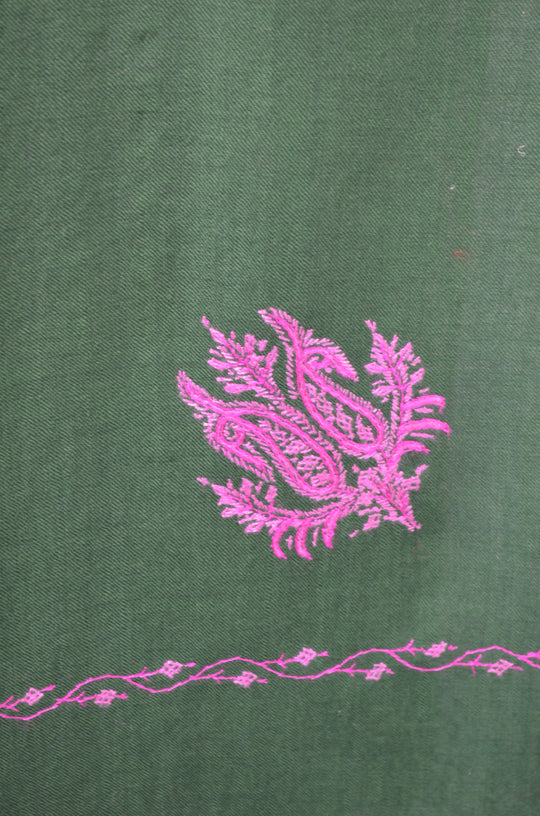 Green Base Cone Motif Merino Sozni Hand Embroidery Scarf