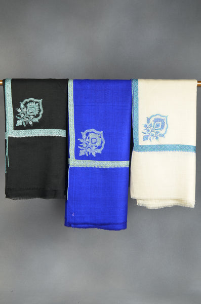 Blue Base Cone Motif Sozni Embroidery Cashmere Pashmina Shawl