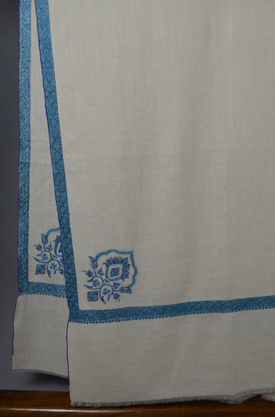 White Blue Base Cone Motif Sozni Embroidery Cashmere Pashmina Shawl