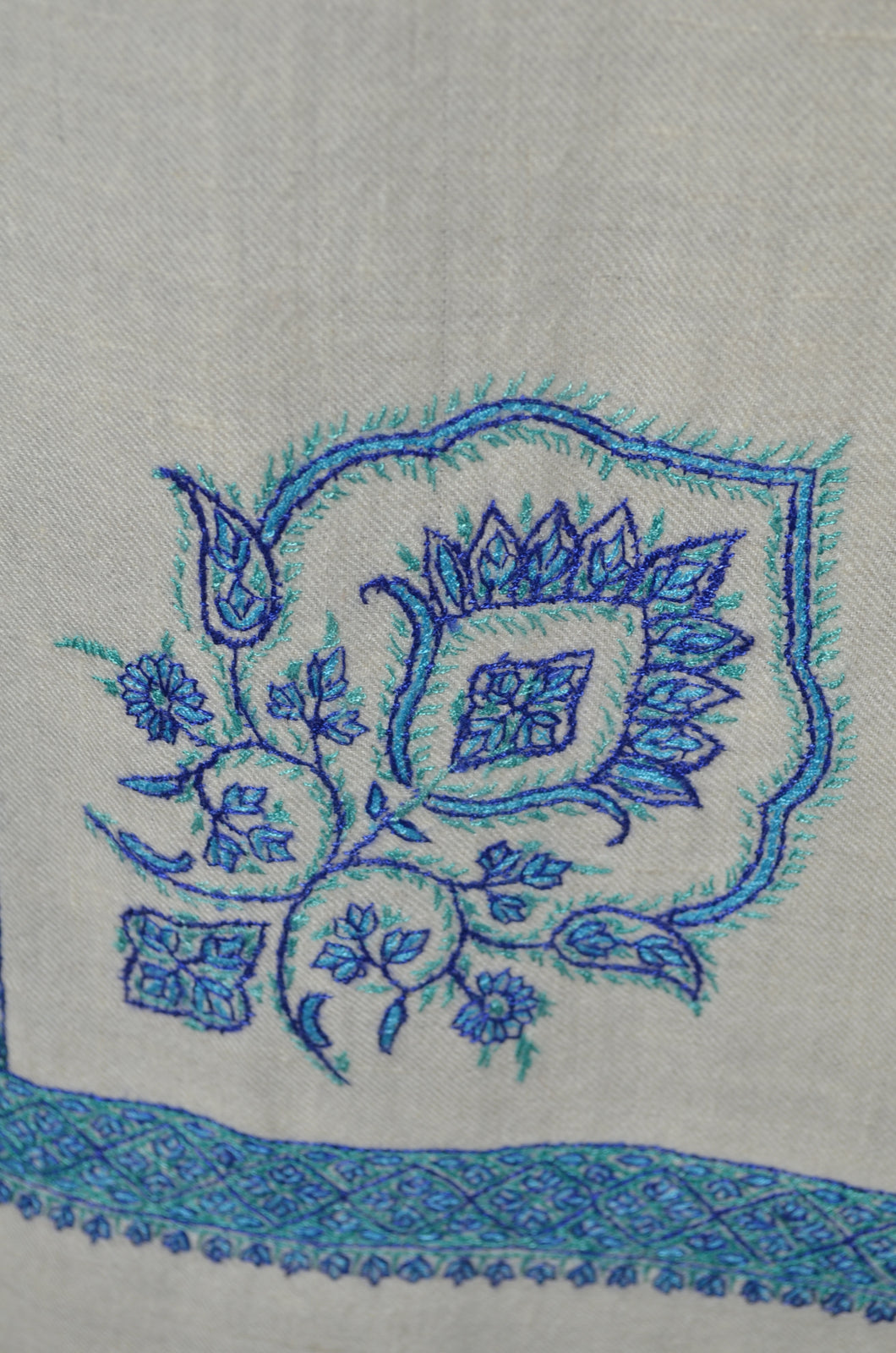 White Blue Base Cone Motif Sozni Embroidery Cashmere Pashmina Shawl