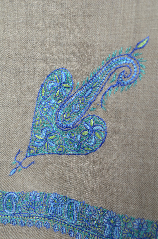 3 Yard Pashmina Blue Border Embroidery Shawl in Natural Base