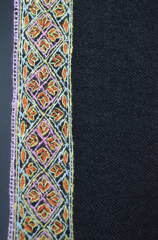 3 Yard Pashmina Gold Border Embroidery Shawl in Black Base