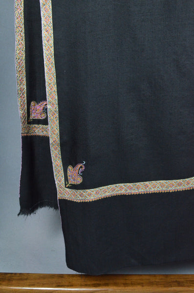 3 Yard Pashmina Gold Border Embroidery Shawl in Black Base