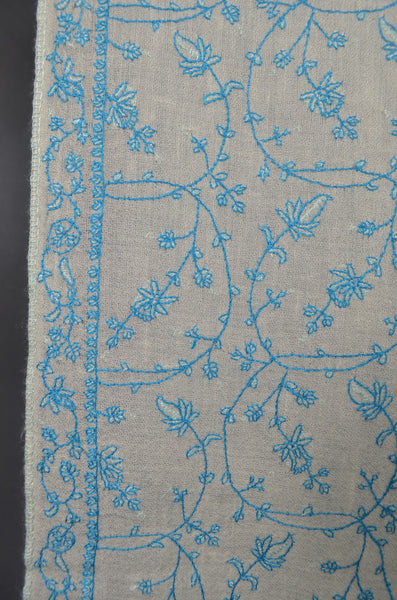 White Base Turquoise Embroidery Cashmere Pashmina Scarf