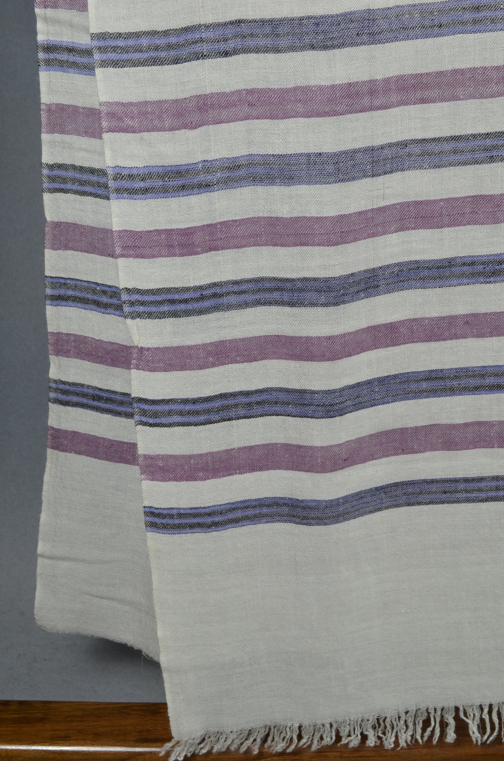 Ivory Base with Purple And Black Big Stripe Handwoven Cashmere Pashmina Scarf