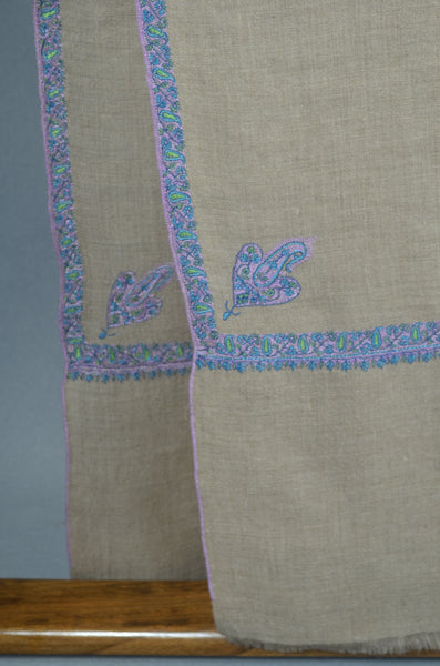 Natural Base With Blue Border Embroidery Cashmere Pashmina Shawl