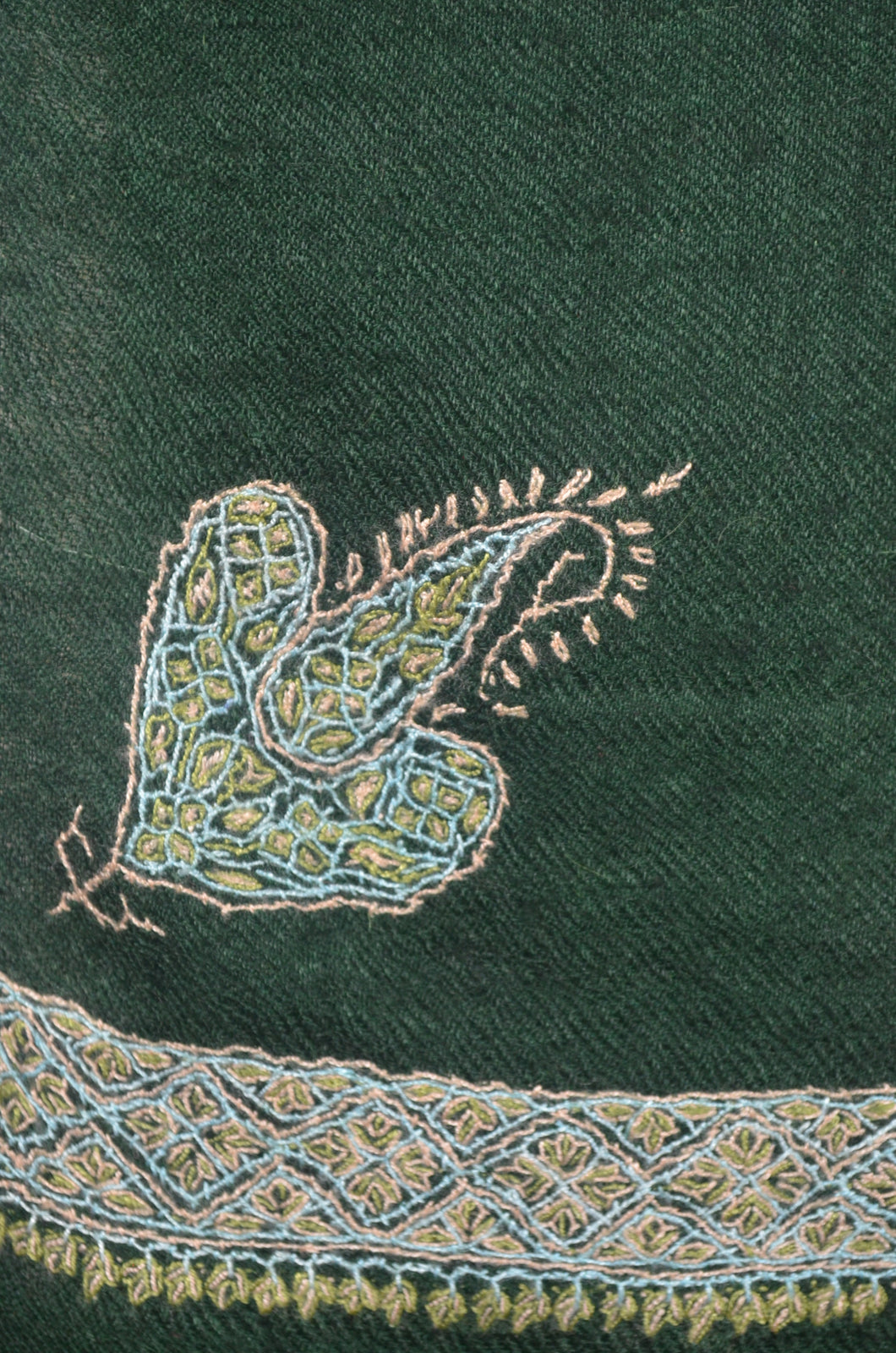 Green Blue Base With White Color Border Embroidery Cashmere Pashmina Scarf