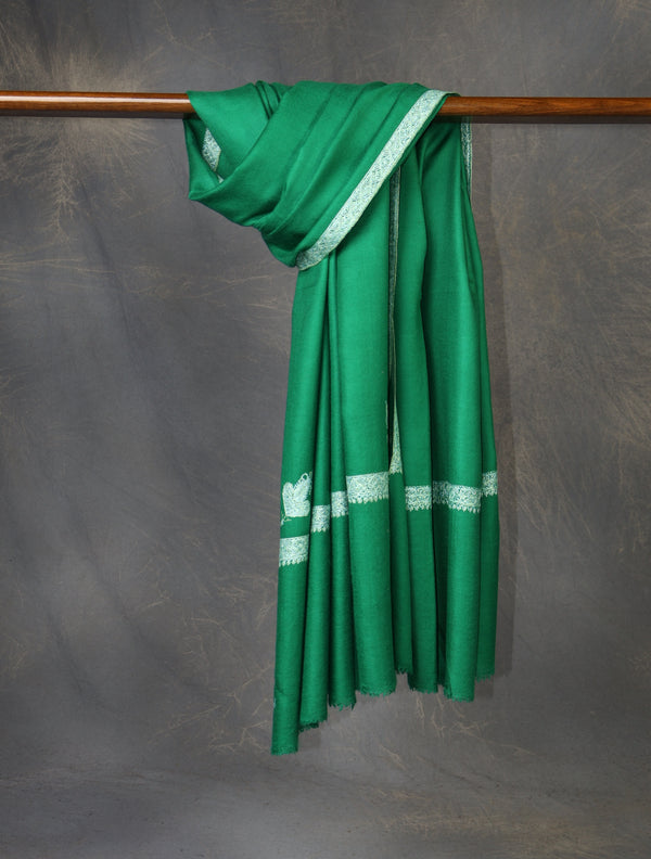 Deep Green Base Border Embroidery Cashmere Pashmina Shawl — Sozni border embroidery pashmina shawl from Kashmir