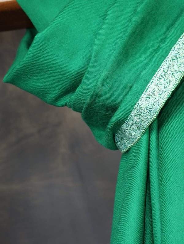 Deep Green Base Border Embroidery Cashmere Pashmina Shawl — pashmina shawl detail