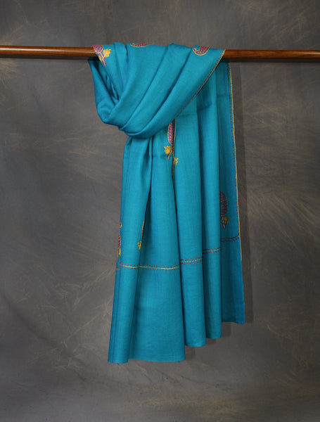 Dodger Blue Base Buteh Merino Sozni Hand Embroidery Scarf