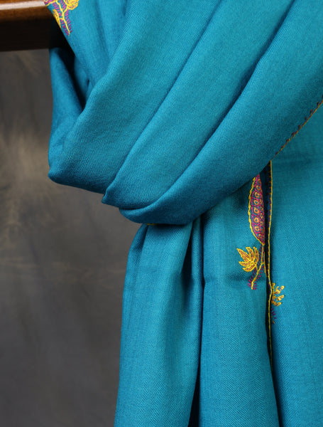 Dodger Blue Base Buteh Merino Sozni Hand Embroidery Scarf
