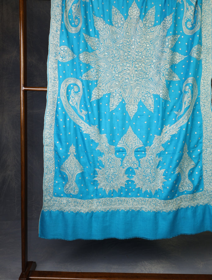 Dodger Blue Tilla Embroidery Pashmina Shawl