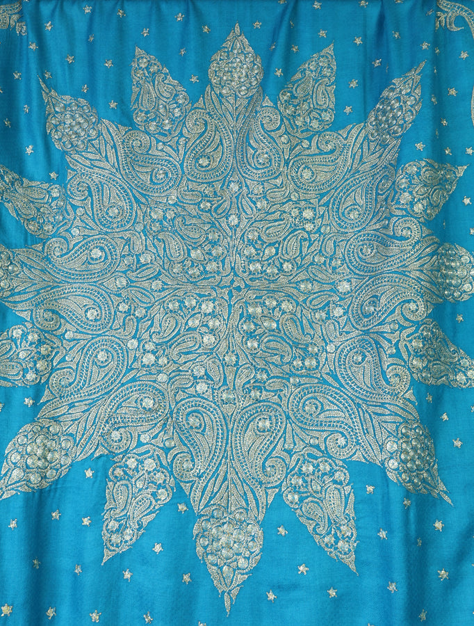 Dodger Blue Tilla Embroidery Pashmina Shawl