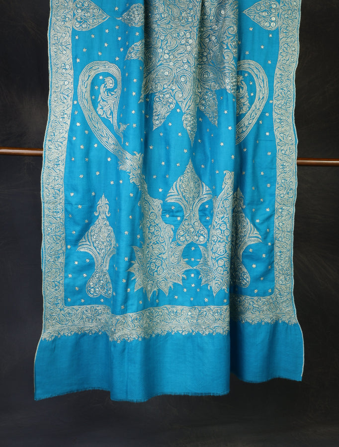 Dodger Blue Tilla Embroidery Pashmina Shawl