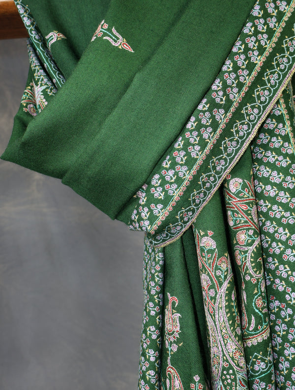 Green Base Big Border Embroidery Cashmere Pashmina Shawl — pashmina shawl detail
