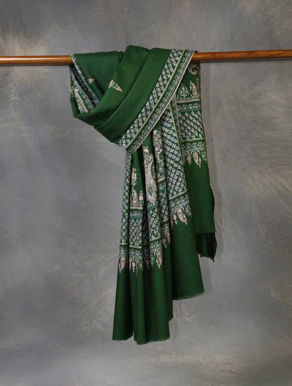 Green Base Big Border Embroidery Cashmere Pashmina Shawl — Jali openwork embroidery pashmina shawl from Srinagar