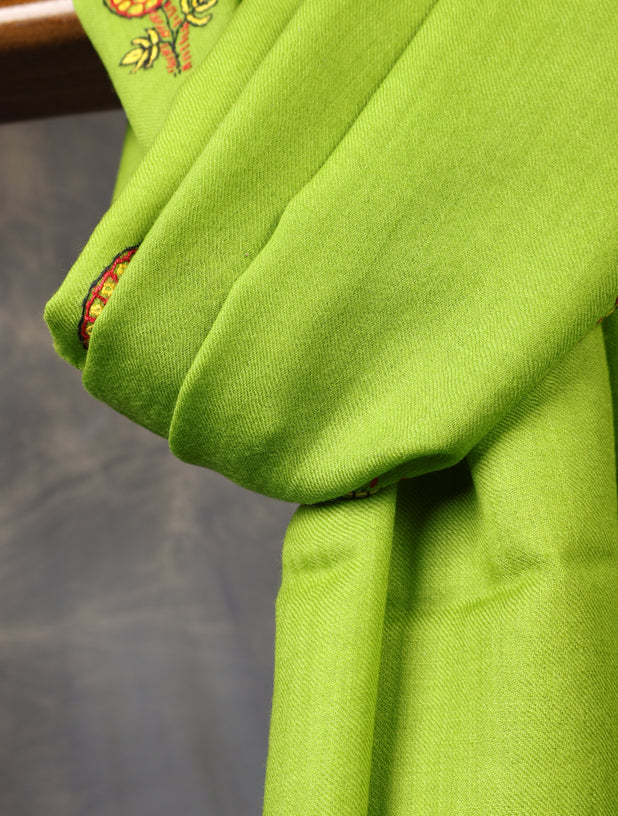 Green Base Buteh Merino Sozni Hand Embroidery Scarf