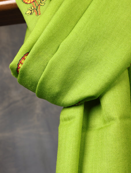 Green Base Buteh Merino Sozni Hand Embroidery Scarf