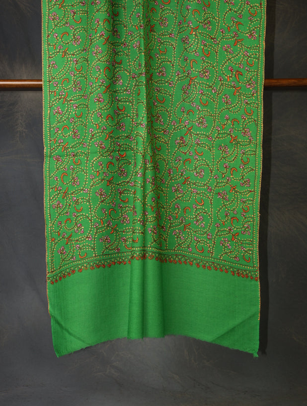 Green Base Jali Sozni Embroidery Merino Wool Scarf