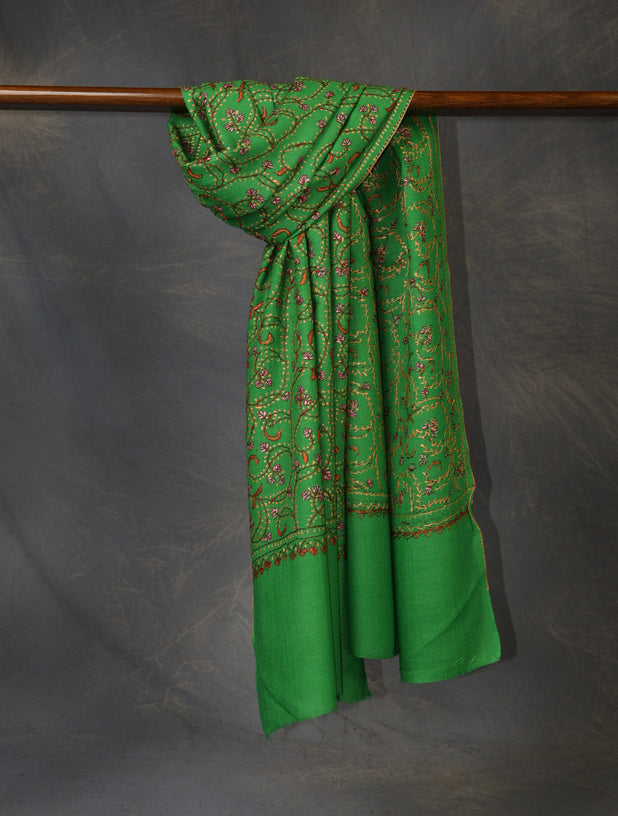 Green Base Jali Sozni Embroidery Merino Wool Scarf