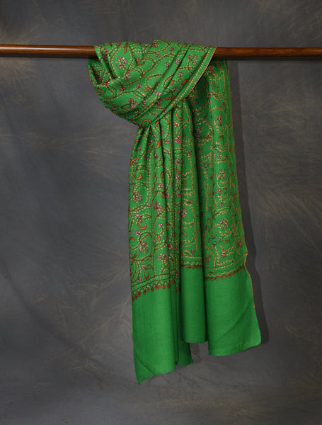 Green Base Jali Sozni Embroidery Merino Wool Scarf