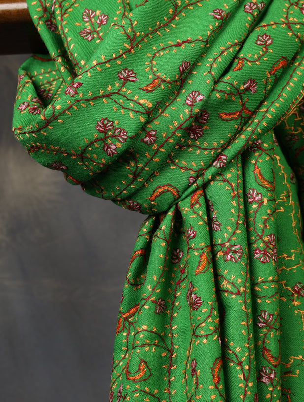 Green Base Jali Sozni Embroidery Merino Wool Scarf