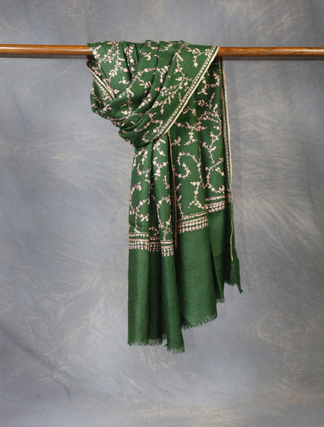 Green Base With Jali Embroidery Pashmina Cashmere Scarf