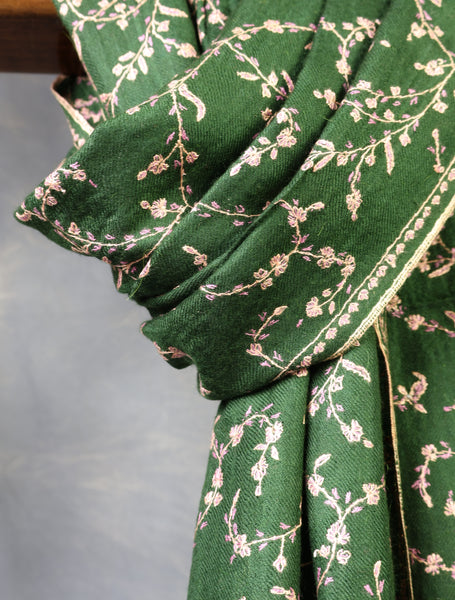 Green Base With Jali Embroidery Pashmina Cashmere Scarf