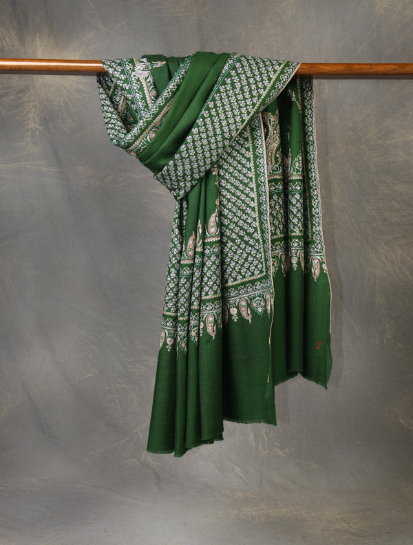Green Big Border And Boteh Motif Embroidery Cashmere Pashmina Shawl — Jali openwork embroidery pashmina shawl from Srinagar