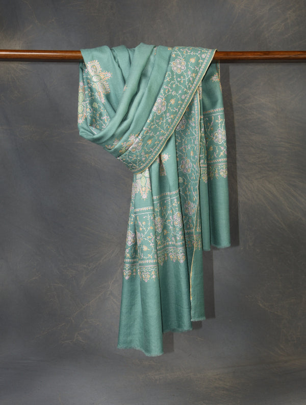 Green Boteh Motif Embroidery Cashmere Pashmina Shawl — Jali openwork embroidery pashmina shawl from Srinagar