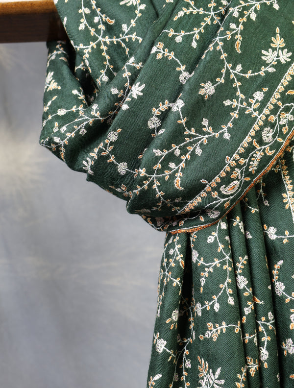 Green Jali Embroidery Cashmere Pashmina Shawl — pashmina shawl detail
