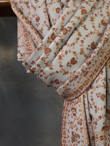 Grey Base With Jali Embroidery Pashmina Cashmere Scarf