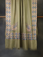 Grey Olive Base Big Border Embroidery Cashmere Pashmina Shawl