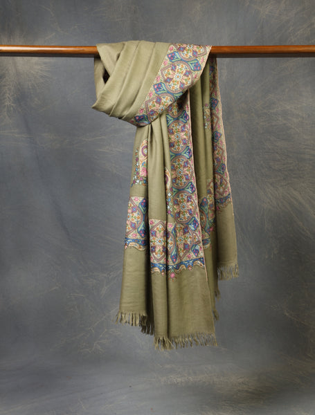 Grey Olive Base Big Border Embroidery Cashmere Pashmina Shawl